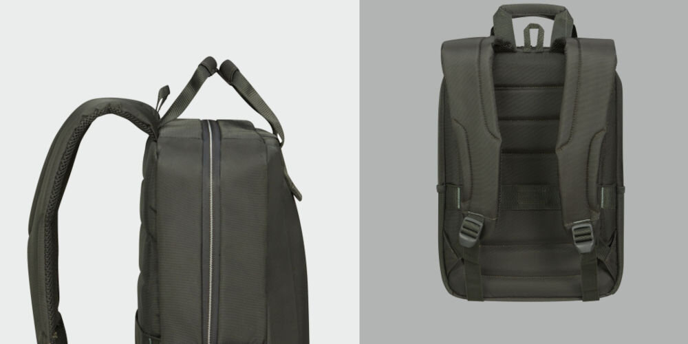 Plecak na laptopa SAMSONITE Guardit Classy 14.1
wygodne noszenie, ergonomicznie wyprofilowane szelki, wygodne rączki, smukła konstrukcja,
wymiary ok. 38 x 27 x 14,5 cm, plecak od boku z widocznymi rączkami na szarym tle, plecak od tyłu na szarym tle