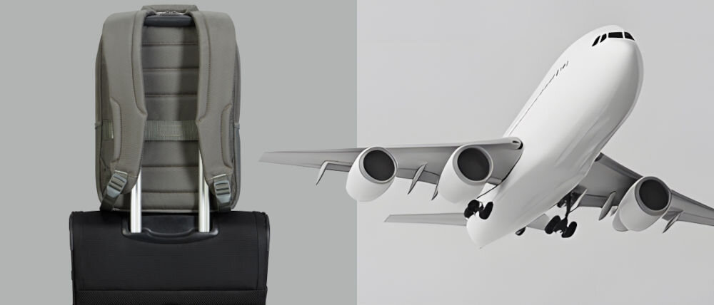 Plecak na laptopa SAMSONITE Guardit Classy 14.1
zabierz go w podróż, specjalny pasek na plechach smart sleeve, możliwość zamocowania plecaka na rączce walizki,
plecak przymocowany do walizki, samolot