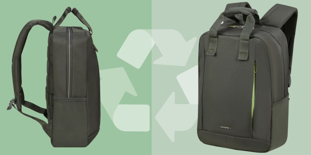 Plecak na laptopa SAMSONITE Guardit Classy 14.1
przyjazny środowisku, plecak został częściowo wykonany z poliestru pochodzącego z recyklingu,
zielone tło, plecak bokiem, plecak pod lekkim skosem, trzy strzałki symbolizujące recykling