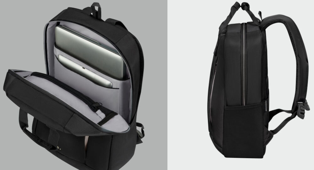 Plecak na laptopa SAMSONITE Guardit Classy 14.1
chroń swoje urządzenia, dedykowane kieszenie na laptopa o przekątnej do
14,1 cali
oraz tablet do 10,5 cali, płaska przegroda na notebook,
otwarty plecak na szarym tle, a w nim laptop oraz tablet, plecak bokiem na szarym tle