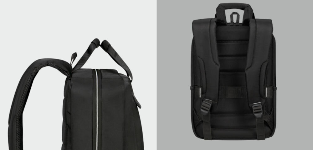 Plecak na laptopa SAMSONITE Guardit Classy 14.1
wygodne noszenie, ergonomicznie wyprofilowane szelki, wygodne rączki, smukła konstrukcja,
wymiary ok. 38 x 27 x 12 cm, plecak od boku z widocznymi rączkami na szarym tle, plecak od tyłu na szarym tle