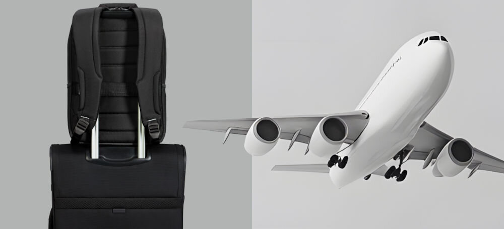 Plecak na laptopa SAMSONITE Guardit Classy 14.1
zabierz go w podróż, specjalny pasek na plechach smart sleeve, możliwość zamocowania plecaka na rączce walizki,
plecak przymocowany do walizki, samolot