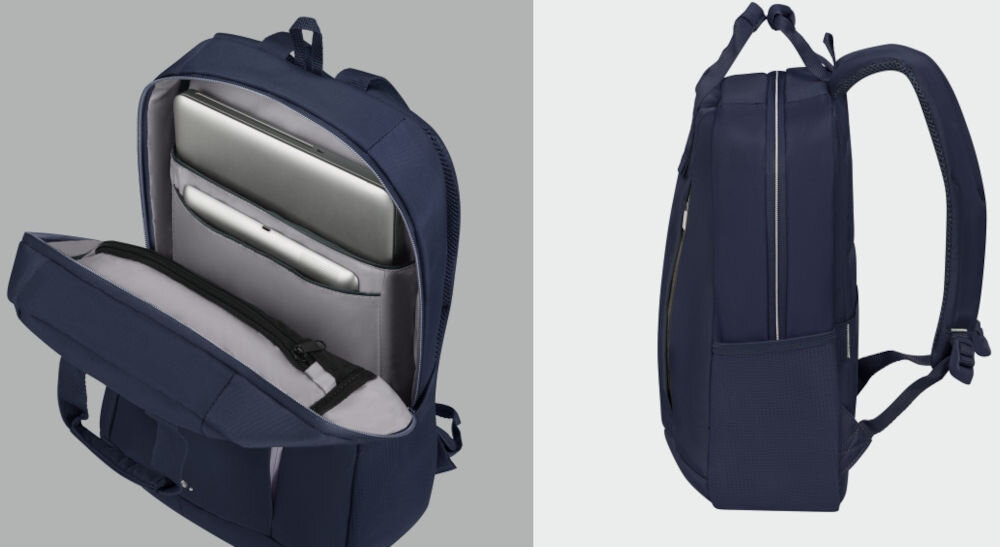 Plecak na laptopa SAMSONITE Guardit Classy 14.1
chroń swoje urządzenia, dedykowane kieszenie na laptopa o przekątnej do
14,1 cali
oraz tablet do 10,5 cali, płaska przegroda na notebook,
otwarty plecak na szarym tle, a w nim laptop oraz tablet, plecak bokiem na szarym tle