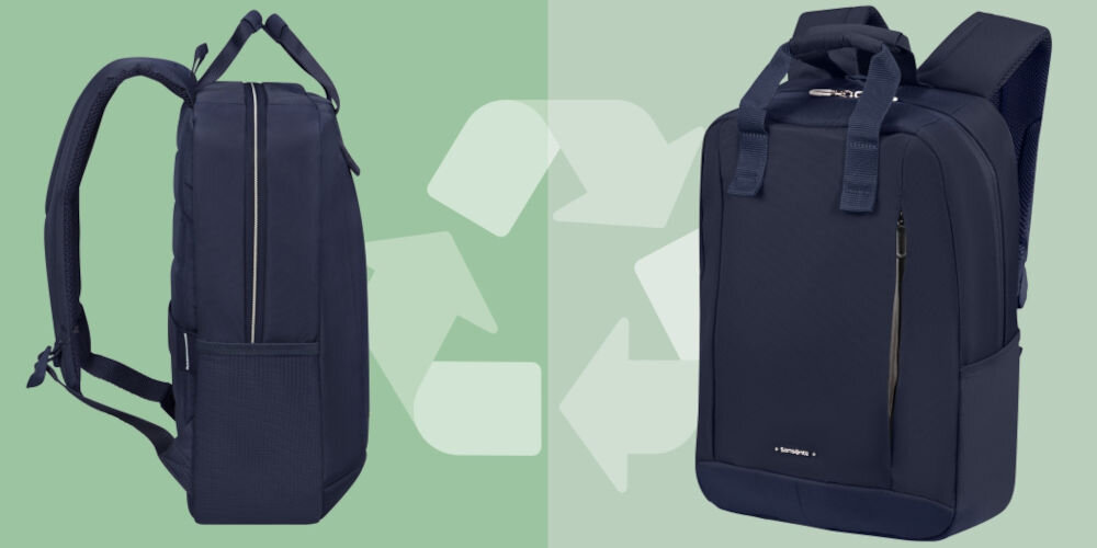 Plecak na laptopa SAMSONITE Guardit Classy 14.1
przyjazny środowisku, plecak został częściowo wykonany z poliestru pochodzącego z recyklingu,
zielone tło, plecak bokiem, plecak pod lekkim skosem, trzy strzałki symbolizujące recykling