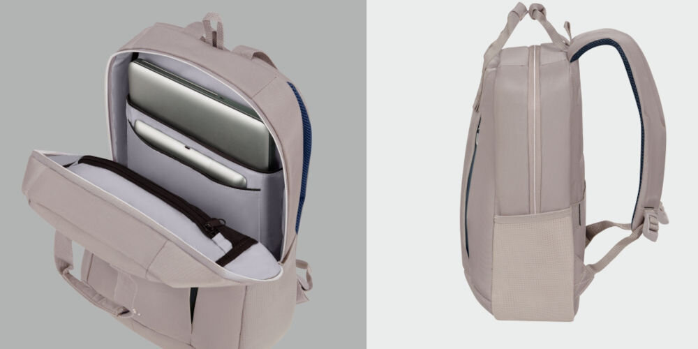 Plecak na laptopa SAMSONITE Guardit Classy 14.1
chroń swoje urządzenia, dedykowane kieszenie na laptopa o przekątnej do
14,1 cali
oraz tablet do 10,5 cali, płaska przegroda na notebook,
otwarty plecak na szarym tle, a w nim laptop oraz tablet, plecak bokiem na szarym tle