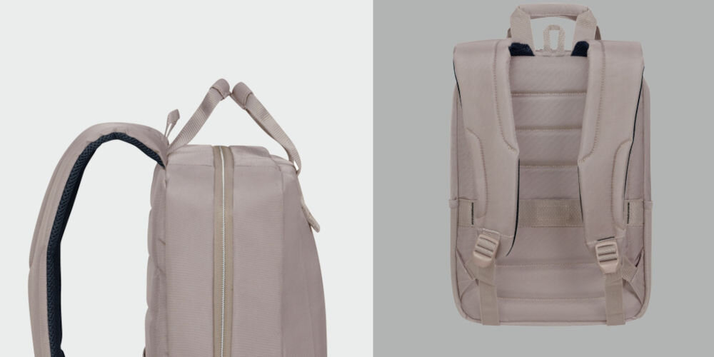 Plecak na laptopa SAMSONITE Guardit Classy 14.1
wygodne noszenie, ergonomicznie wyprofilowane szelki, wygodne rączki, smukła konstrukcja,
wymiary ok. 38 x 27 x 14,5 cm, plecak od boku z widocznymi rączkami na szarym tle, plecak od tyłu na szarym tle