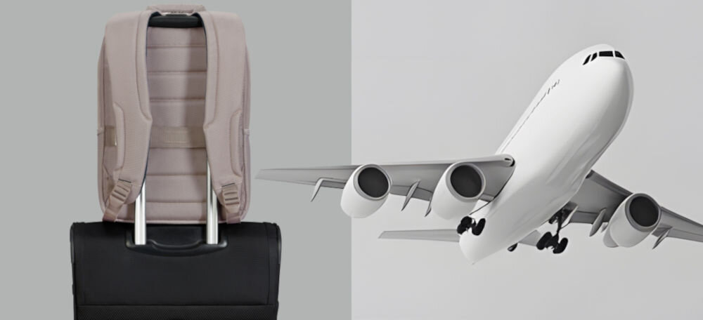 Plecak na laptopa SAMSONITE Guardit Classy 14.1
zabierz go w podróż, specjalny pasek na plechach smart sleeve, możliwość zamocowania plecaka na rączce walizki,
plecak przymocowany do walizki, samolot