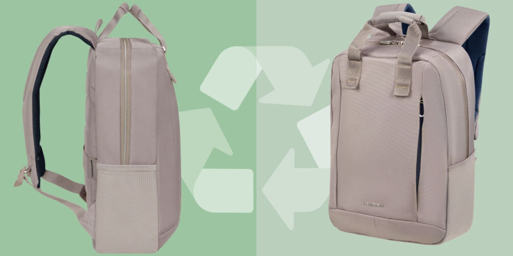 Plecak na laptopa SAMSONITE Guardit Classy 14.1
przyjazny środowisku, plecak został częściowo wykonany z poliestru pochodzącego z recyklingu,
zielone tło, plecak bokiem, plecak pod lekkim skosem, trzy strzałki symbolizujące recykling