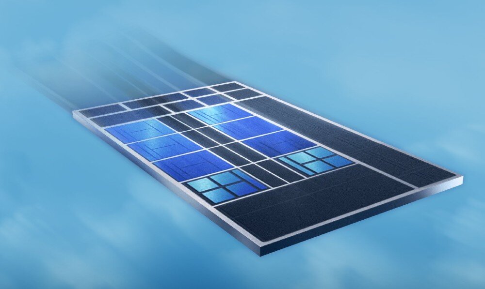 Płytka drukowana z niebieskim niebem w tle. - procesor Intel Core  