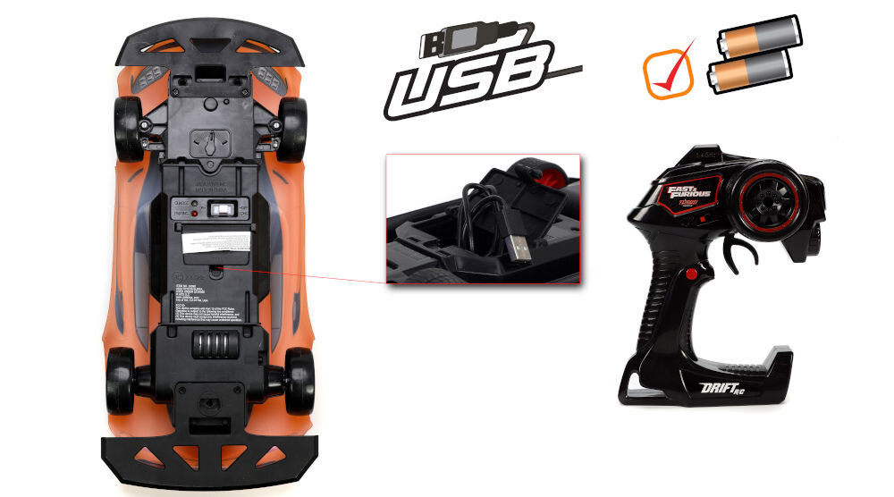 Samochód zdalnie sterowany JADA TOYS Szybcy i wściekli Toyota GR Supra 253209007 akumulator 3,2 V o pojemności 500 mAh zintegrowany kabel USB-A czas ładowania ok. 90 minut do 15 minut jazdy bez potrzeby ładowania baterie 2 x 1,5V-R6/AA w zestawie