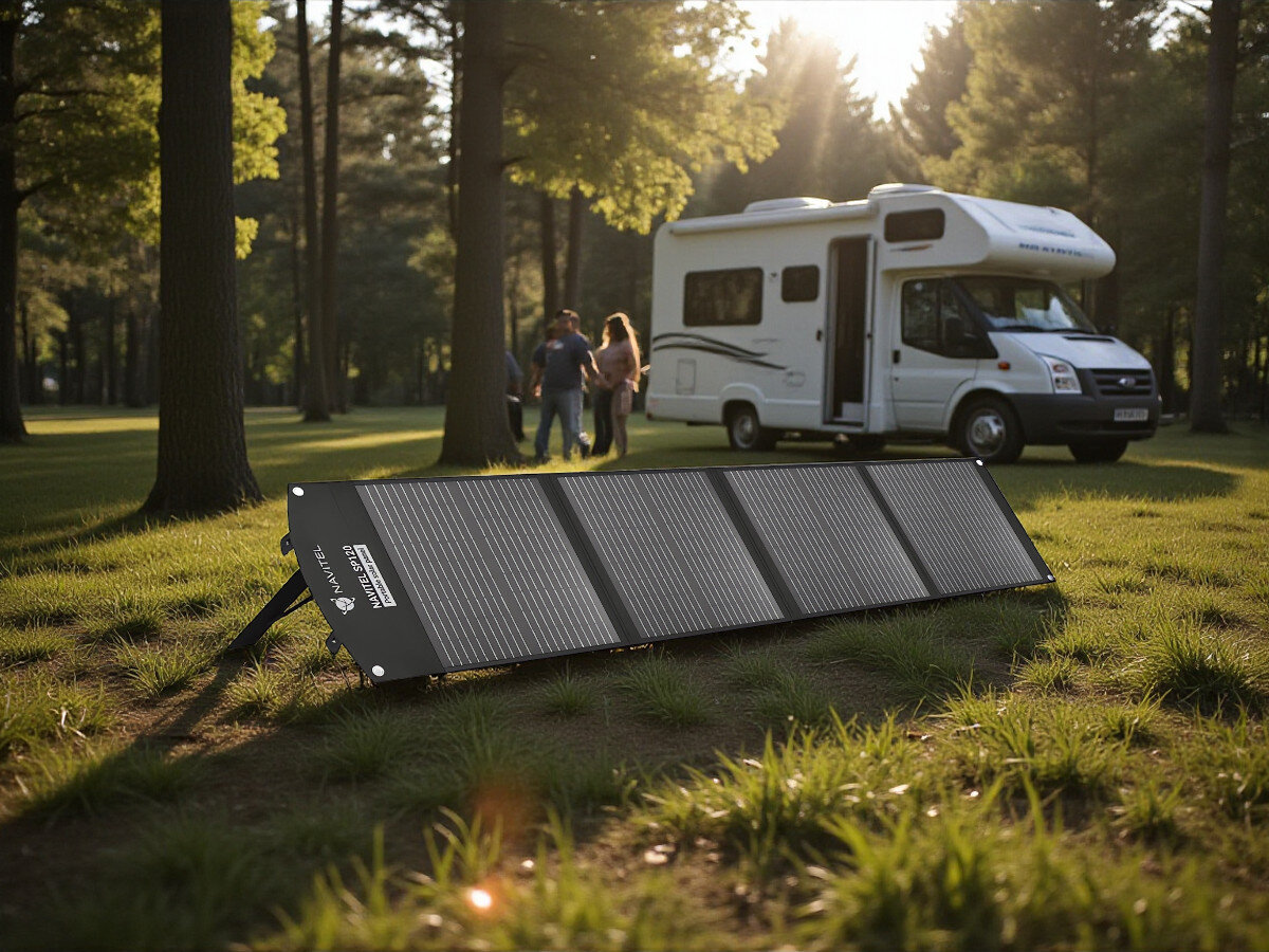 Panel fotowoltaiczny NAVITEL SP120, moc, energia, słońce, zasilanie, Panel NAVITEL SP120 rozłożony i ustawiony przy kamperze w lesie, rodzina w tle, światło słoneczne.