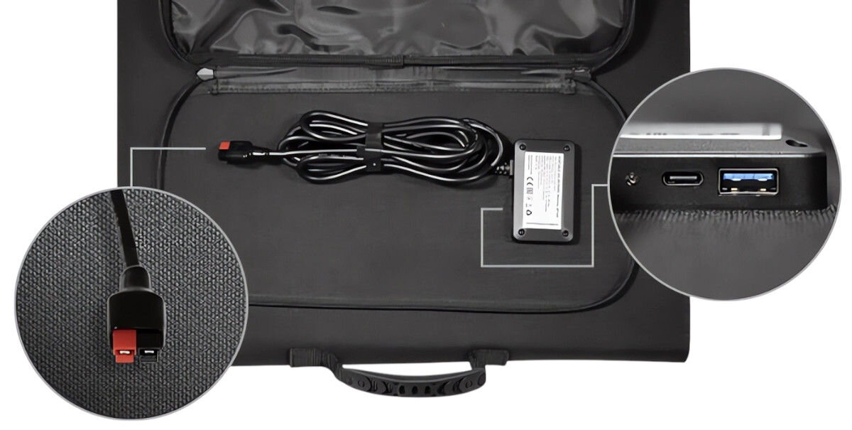 Panel fotowoltaiczny NAVITEL SP120, USB, DC, adaptery, napięcie, Zbliżenie na organizację kabli, konektory oraz porty USB typu A i C w panelu NAVITEL SP120.