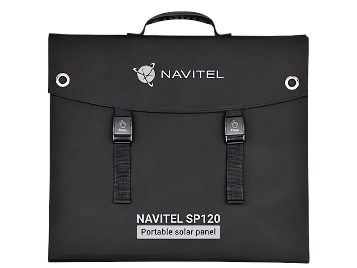 Panel fotowoltaiczny NAVITEL SP120, złożenie, transport, uchwyt, walizka, zapakowany jako walizka, zamknięcie na dwie klamry, wyraźne logo marki.