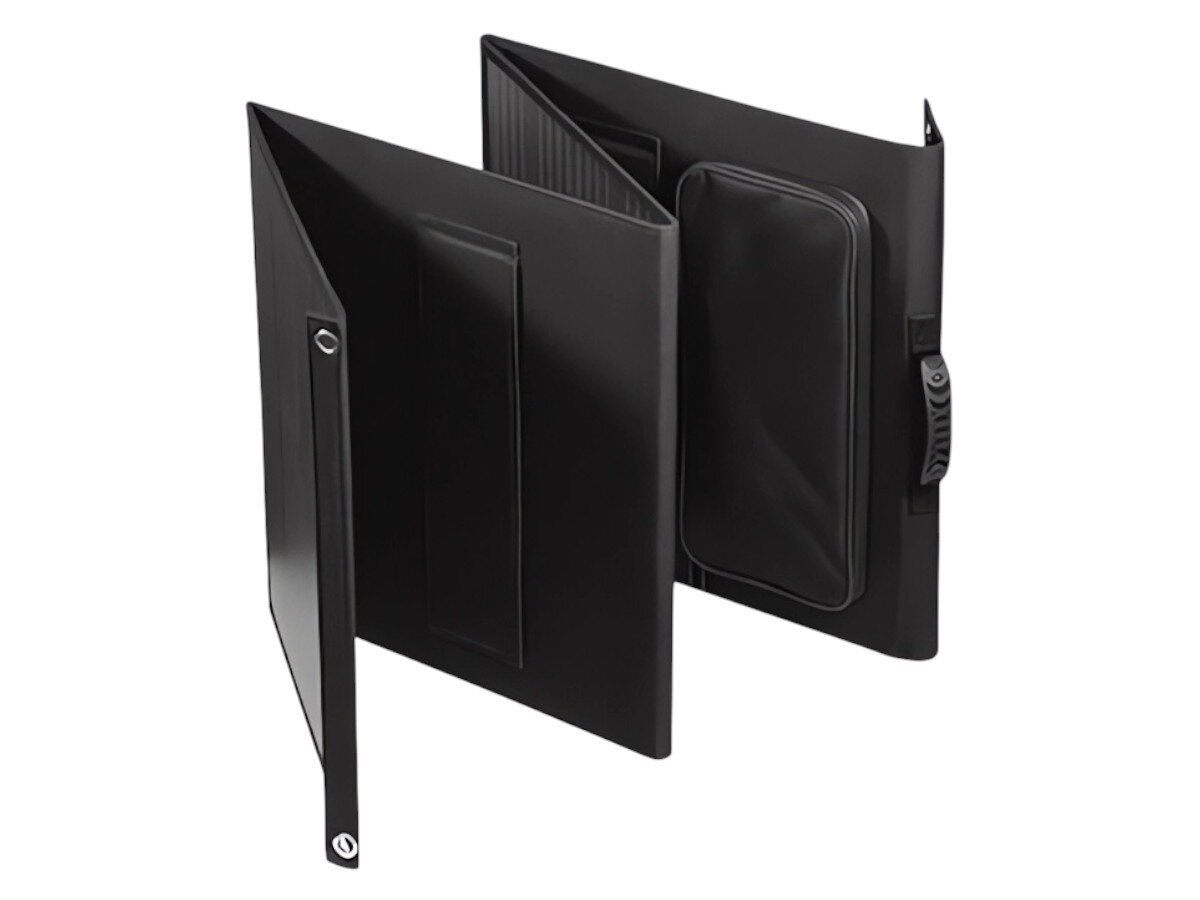 Panel fotowoltaiczny NAVITEL SP120, instalacja, łatwość, przewody, instrukcja, Panel NAVITEL SP120 częściowo rozłożony, widoczne wszystkie segmenty i boczne etui na akcesoria.