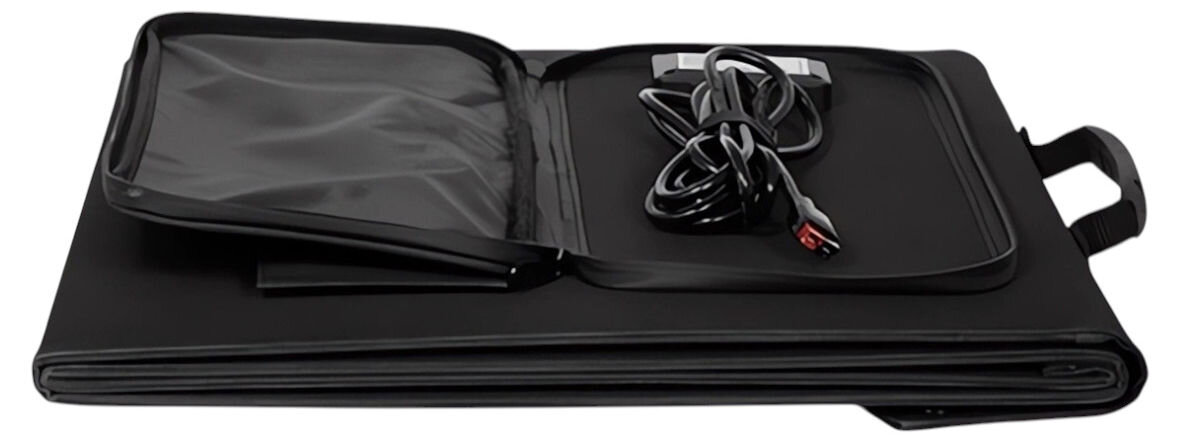 Panel fotowoltaiczny NAVITEL SP120, biwak, dom, awaria, kamper, Panel NAVITEL SP120 złożony, otwarte etui z przewodami i akcesoriami, widoczny uchwyt walizkowy.