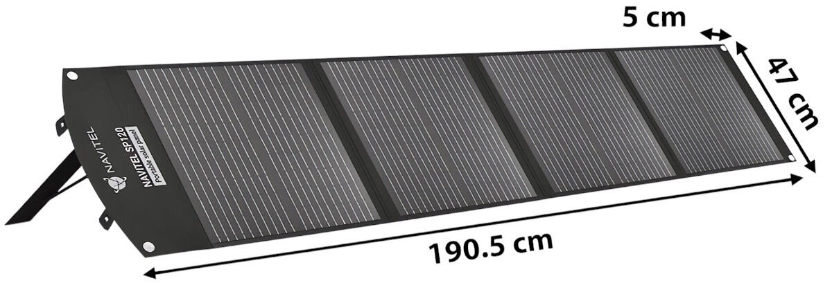 Panel fotowoltaiczny NAVITEL SP120, parametry, moc, USB, długość, Panel NAVITEL SP120 rozłożony, wymiary 190,5 x 47 x 5 cm, opisane segmenty i otwory montażowe.