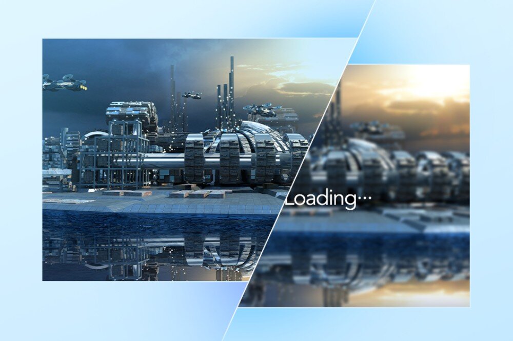 Dysk LEXAR NQ710 Porównanie grafiki, gdzie lewa strona przedstawia ostre futurystyczne miasto, a prawa jest rozmyta z napisem 'Loading...'