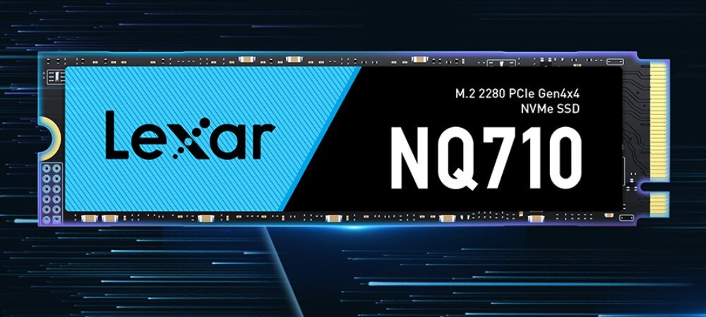 Dysk LEXAR NQ710 Dysk SSD na ciemnym tle z niebieskimi liniami symbolizującymi prędkość