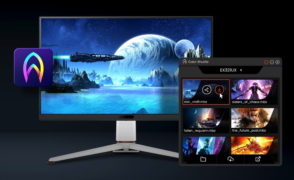 Monitor BENQ Mobiuz EX321UX Monitor z otwartym menu ustawień Color Shuttle, prezentującym różne profile kolorystyczne dla gier, profile, ustawienia