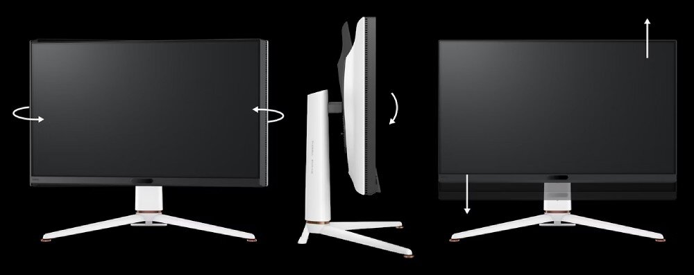 Monitor BENQ Mobiuz EX321UX Wizualizacja zakresu regulacji monitora. Po lewej stronie pokazana możliwość obrotu ekranu, na środku regulacja kąta nachylenia, a po prawej opcja dostosowania wysokości, podstawa, regulacja, obrót, pochylenie