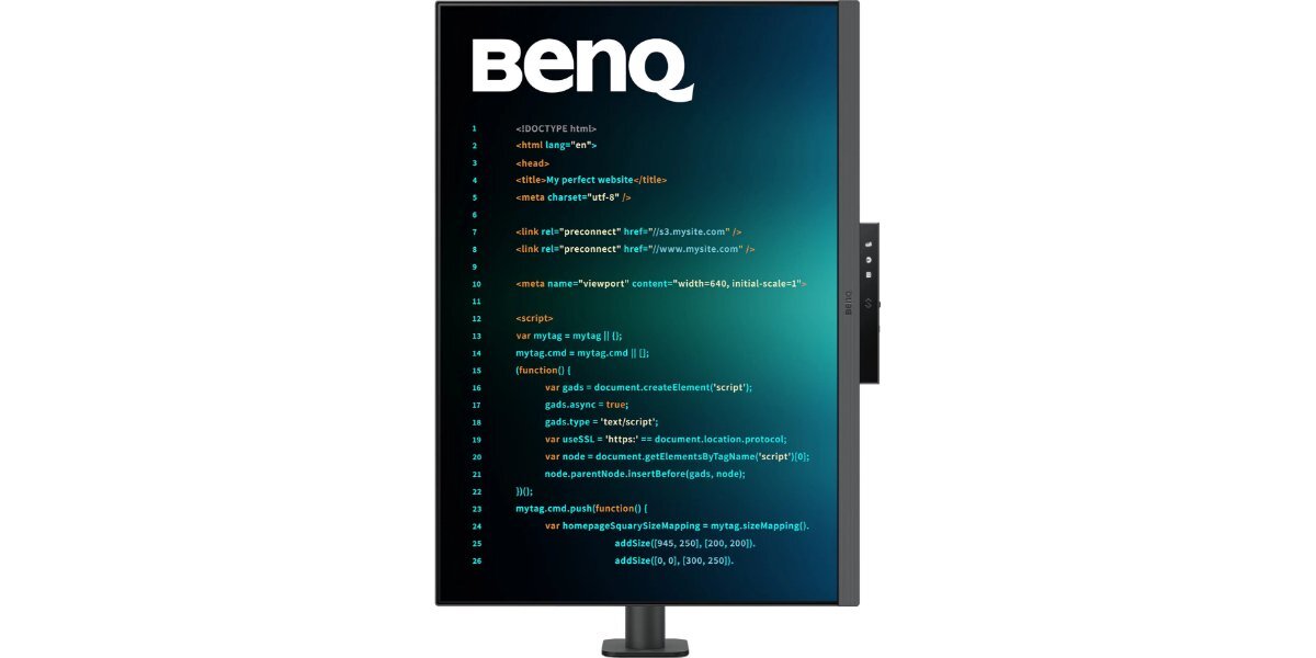 Monitor BENQ RD280UA na białym tle ustawiony pionowo.