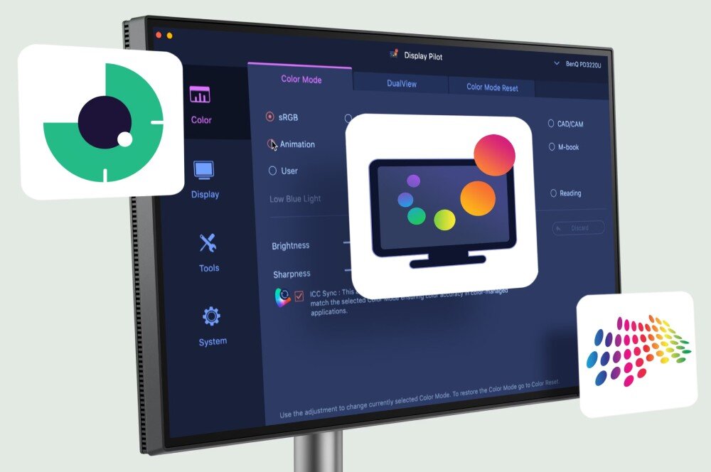 Monitor BENQ RD280U Zbliżenie monitora z otwartym oprogramowaniem Display Pilot pokazującym dostępne tryby kolorów, takie jak sRGB i Animation. Obok unoszące się ikony związane z kolorystyką i ekranem, aplikacja, funkcje, narzędzia