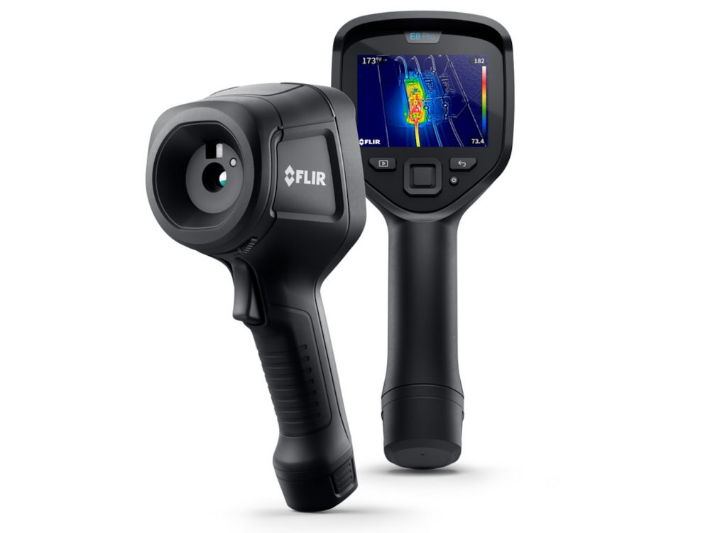 FLIR E8 Pro czułość < 0,04°C (40 mK) temperatur do 550°C funkcję Wi-Fi, automatyczną poprawę kontrastu 1-Touch Level/Span zapis danych w FLIR Ignite™ - kamera od prozdu i tyłu