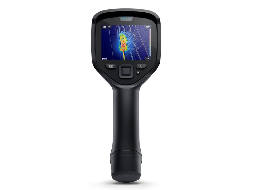 FLIR E8 Pro FLIR Ex-Pro E8 Pro solidną konstrukcją intuicyjnym ekranem dotykowym Wysoka rozdzielczość, zaawansowane pomiary i integracja z FLIR Ignite - kamera od tyłu, widoczny panel użytkowanika i ekran