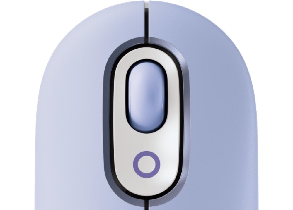 Mysz LOGITECH POP Mouse Lilac zbliżenie na mysz od góry na przycisk zmiany trybu rolki przewijanie działanie