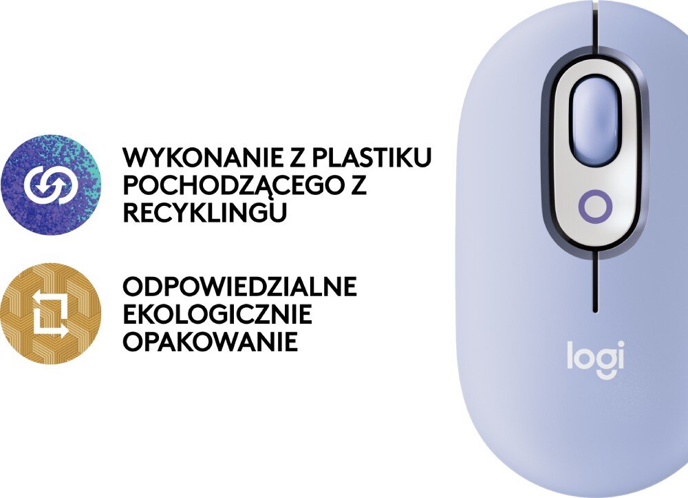 Mysz LOGITECH POP Mouse Lilac widok myszy od góry z informacjami o ekologii