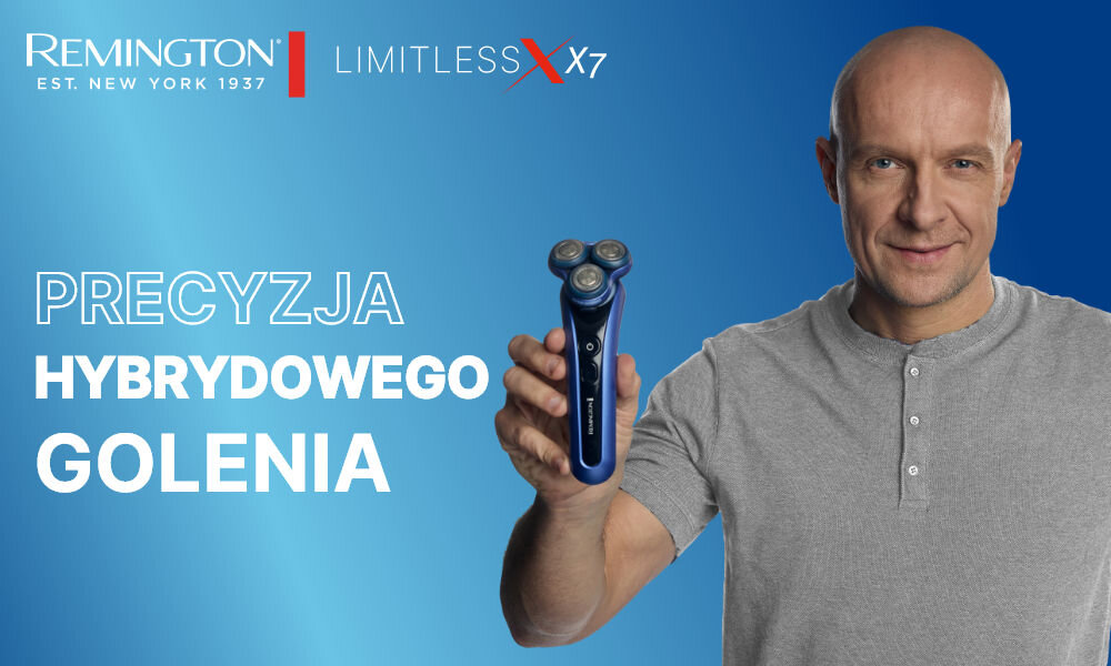 Golarka REMINGTON XR1775 X Rotary Na mokro i sucho mężczyzna trzymający golarkę zadowolony niebieskie tło dokładne golenie