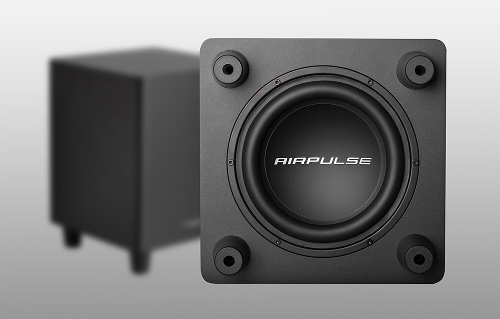 Subwoofer EDIFIER Airpulse SW8 - glosnik na szarym tle - wejscia liniowe, kino domowe, jakosc, domowy nieodlaczny element, rozrywka