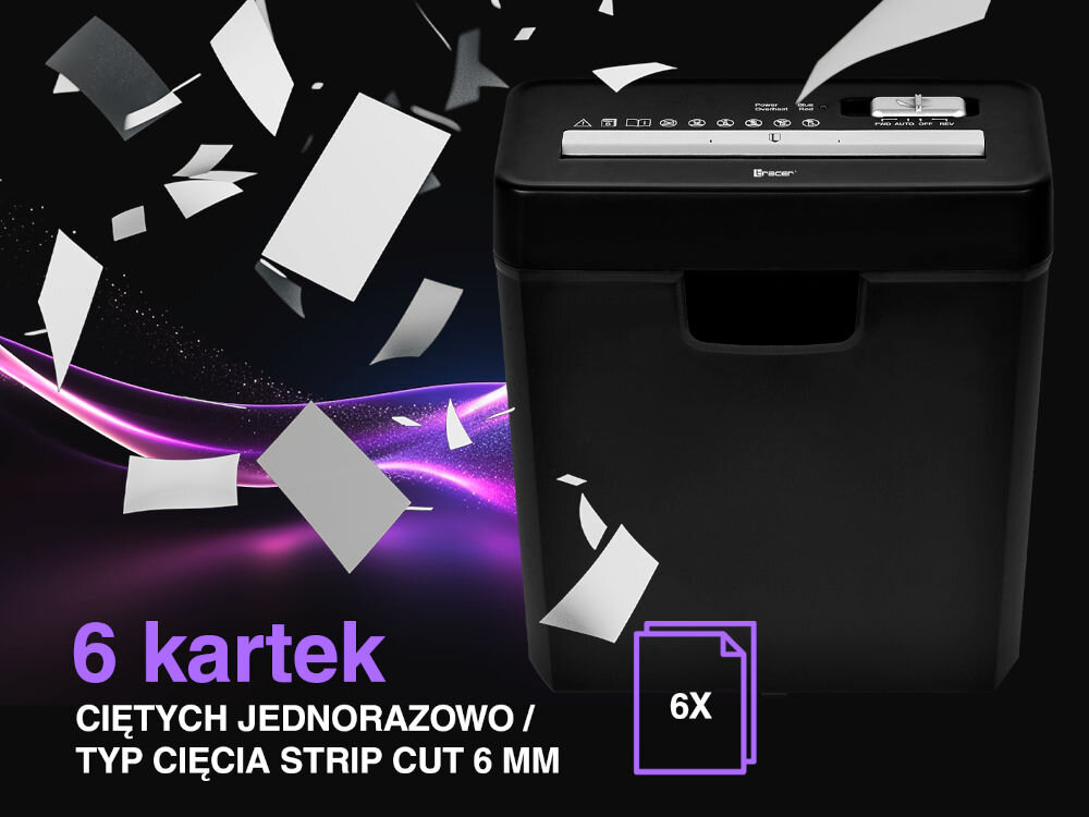 Niszczarka TRACER EDGY 10 L, P-2, Paski, Funkcja cofania prezentacja niszczarki od przodu czarno-fioletowe tło z latającymi kartkami napis 6 kartek ciętych jednorazowo typ cięcia ikona z 6 arkuszami