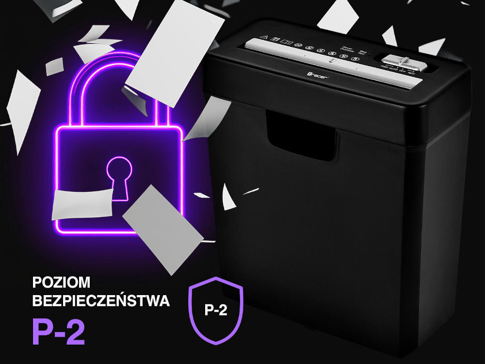 Niszczarka TRACER EDGY 10 L, P-2, Paski, Funkcja cofania prezentacja niszczarki od przodu pod kątem czarne tło z latającymi kartkami napis P-2 ikona kłódki norma DIN 66399 paski 6 mm ochrona danych