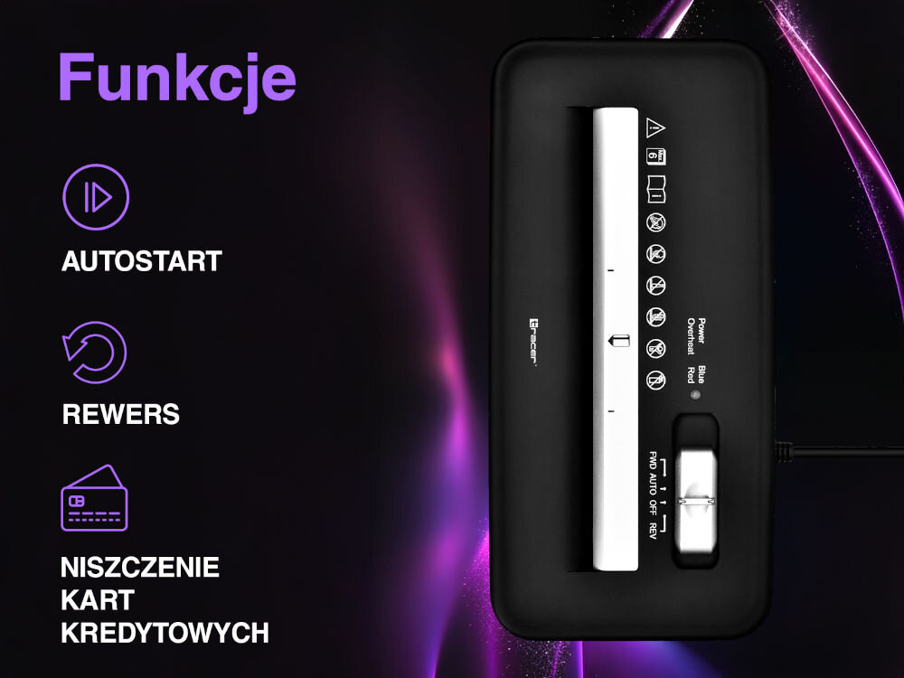 Niszczarka TRACER EDGY 10 L, P-2, Paski, Funkcja cofania prezentacja niszczarki od góry na czarno-fioletowym tle napisy i ikony z funkcjami funkcja rewersu usunięcie zablokowanego papieru automatyczny start komfort