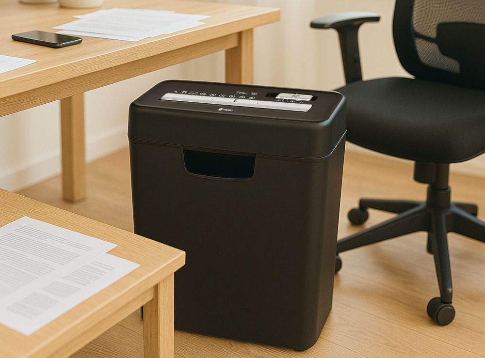 Niszczarka TRACER EDGY 10 L, P-2, Paski, Funkcja cofania prezentacja niszczarki obok biurka w pokoju organizacja pracy poufność danych biuro dom komfort bezpieczeństwo