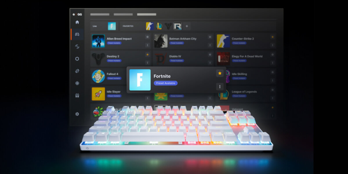 STEELSERIES Apex Pro TKL Gen 3 GG QuickSet ręczne ustawienia biblioteki gotowych presetów - klawiatura na tle oprogramowania