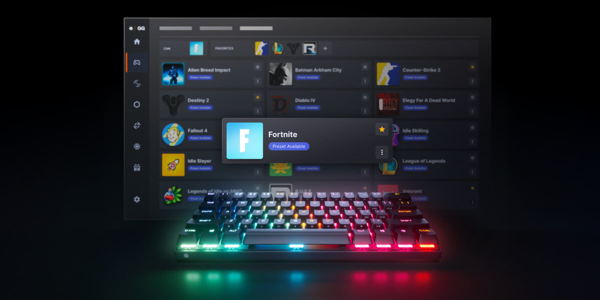 STEELSERIES Apex Pro Mini Gen 3 GG QuickSet ręczne ustawienia biblioteki gotowych presetów - klawiatura na tle oprogramowania