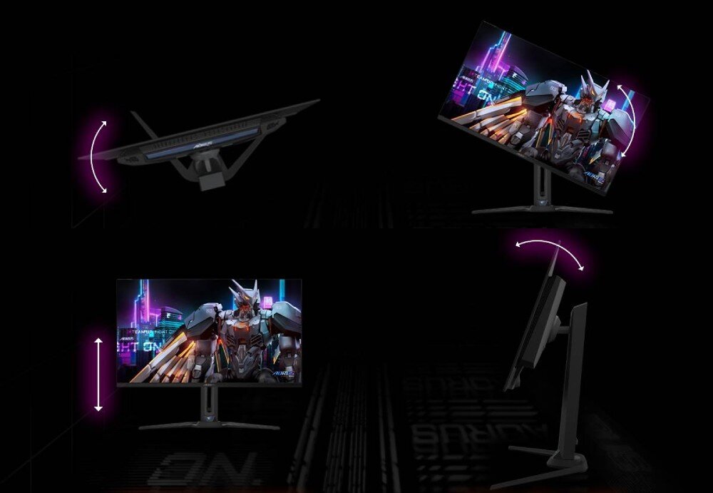 Monitor GIGABYTE Aorus FO27Q2 Cztery grafiki prezentujące możliwości regulacji monitora: wysokości, pivot, pochylenia i obrotu. Ekran przedstawia grafikę z postacią robotyczną, podstawa, regulacja, ergonomia
