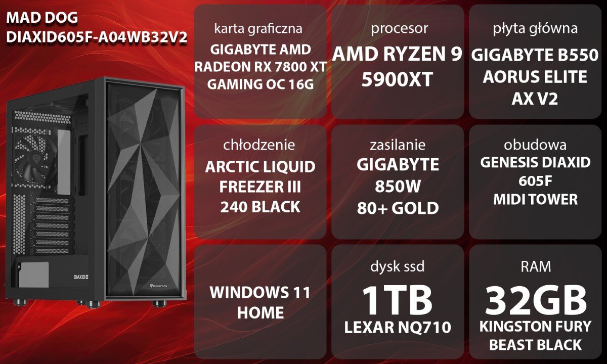 Komputer MAD DOG DIAXID605F-A04WB32V2 R9-5900XT 32GB RAM 1TB SSD Radeon RX7800XT Wi-Fi Windows 11 Home wygląd opis