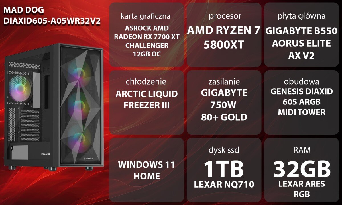 Komputer MAD DOG DIAXID605-A05WR32V2 R7-5800XT 32GB RAM 1TB SSD Radeon RX7700XT Wi-Fi Windows 11 Home wygląd opis