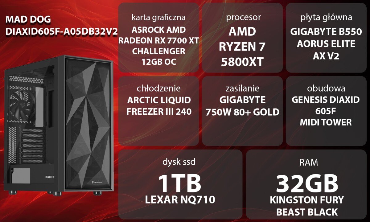 Komputer MAD DOG DIAXID605F-A05DB32V2 R7-5800XT 32GB RAM 1TB SSD Radeon RX7700XT Wi-Fi wygląd opis
