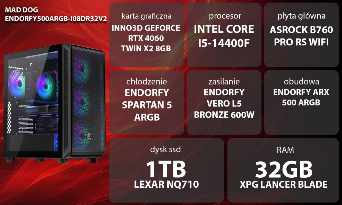 Komputer MAD DOG ENDORFY500ARGB-I08DR32V2 i5-14400F 32GB RAM 1TB SSD GeForce RTX4060 Wi-Fi zastosowanie opis