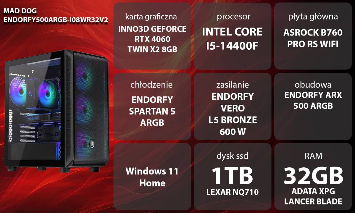 Komputer MAD DOG ENDORFY500ARGB-I08WR32V2 i5-14400F 32GB RAM 1TB SSD GeForce RTX4060 Wi-Fi Windows 11 Home zastosowanie opis