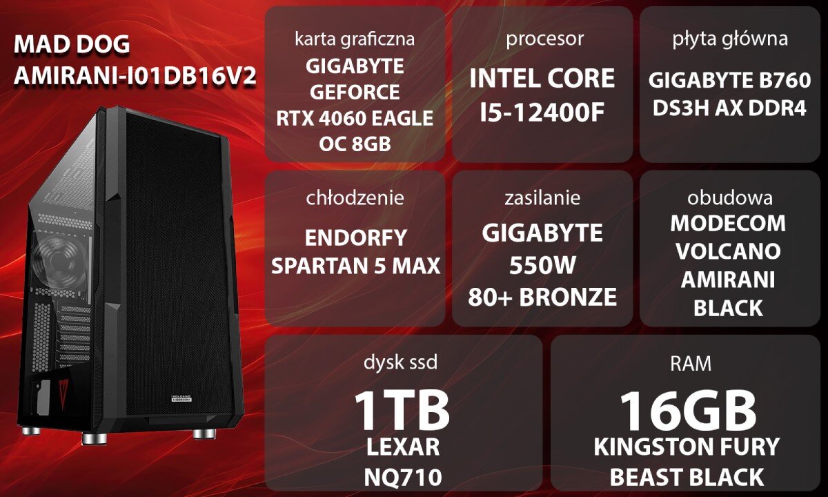 Komputer MAD DOG AMIRANI-I01DB16V2 i5-12400F 16GB RAM 1TB SSD GeForce RTX4060 Wi-Fi zastosowanie opis