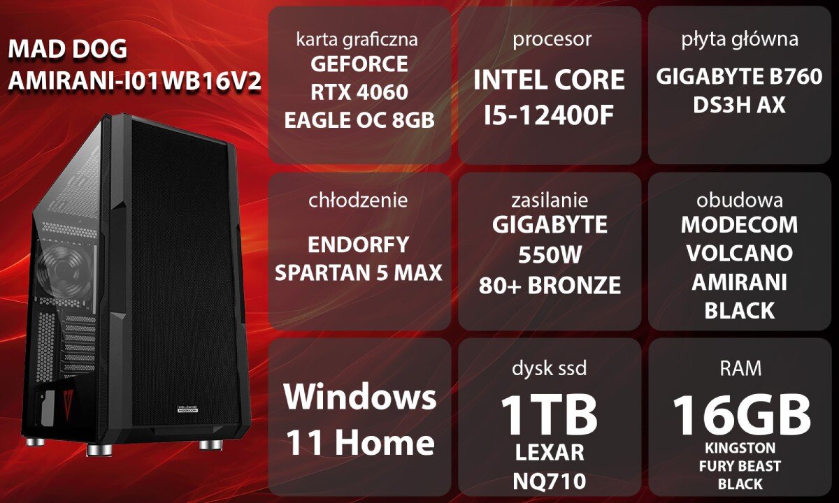 Komputer MAD DOG AMIRANI-I01WB16V2 i5-12400F 16GB RAM 1TB SSD GeForce RTX4060 Wi-Fi Windows 11 Home zastosowanie opis