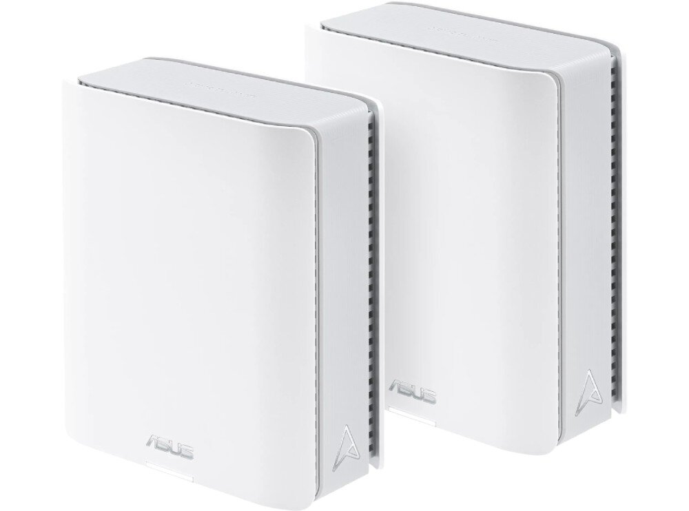 Router ASUS ZenWiFi BT10 Dwa identyczne białe urządzenia sieciowe ustawione obok siebie pod lekkim kątem, na białym tle, rozszerzanie sieci, rozbudowa, kompatybilność