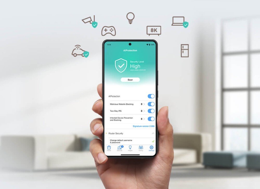 Router ASUS ZenWiFi BT10 Dłoń trzymająca smartfon z otwartą aplikacją do zarządzania bezpieczeństwem sieci, na ekranie widoczne ustawienia ochrony i przyciski funkcji, w tle rozmyte pomieszczenie, aplikacja, narzędzia, funkcje