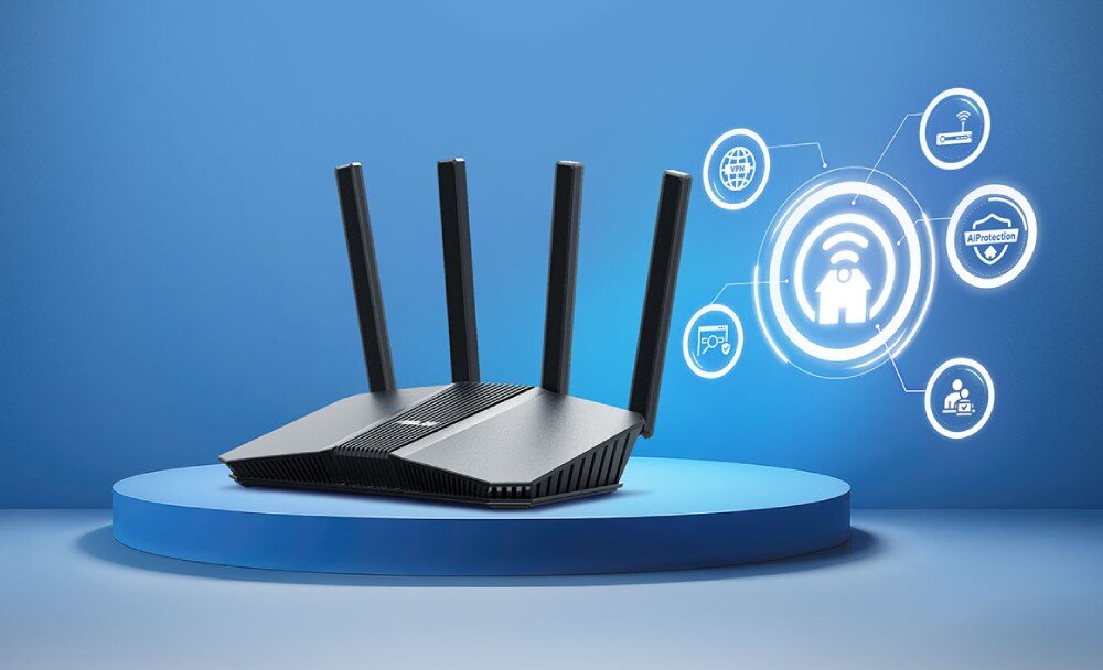 Router ASUS RT-BE58U Urządzenie sieciowe na niebieskim podeście z grafiką przedstawiającą ikony funkcji bezpieczeństwa i zarządzania siecią