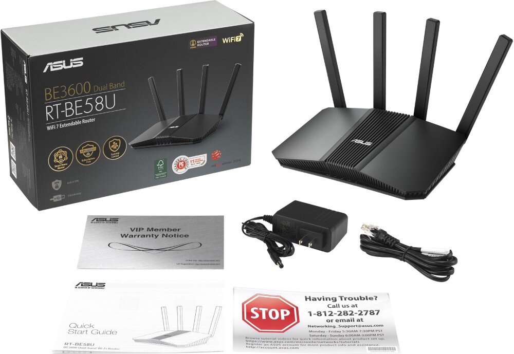 Router ASUS RT-BE58U Zestaw sprzedażowy prezentujący router oryginalne opakowanie zasilacz kabel sieciowy oraz instrukcje obsługi